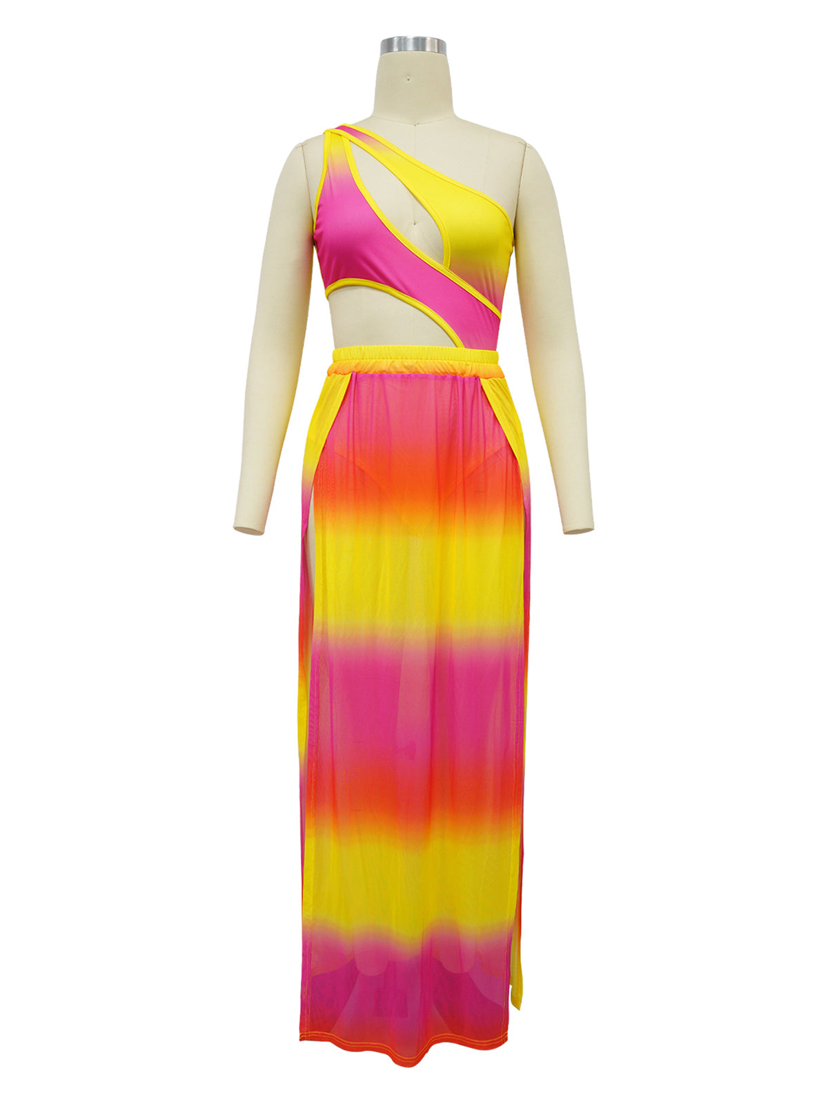 Sexy Gradient Color Hollow Out High Slit Maxi Skirt Set