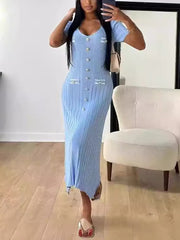 V-neck Short Sleeve Solid Ribbed Knit Midi Dress