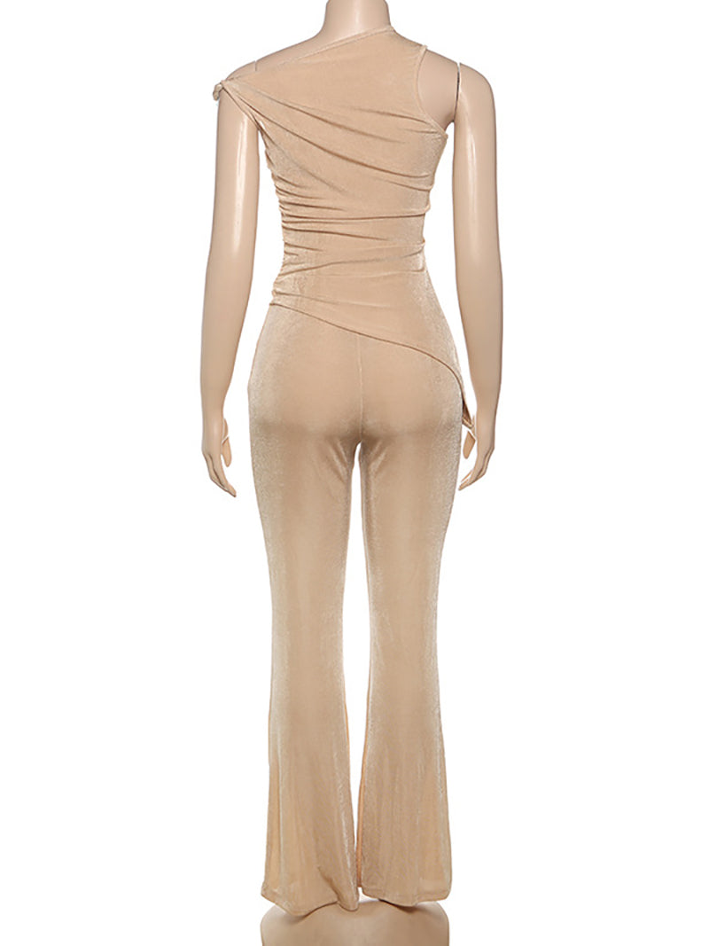Elegant Sloping Neck Slim Top Flared Pants Sets