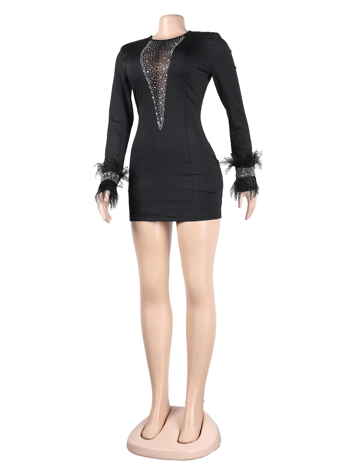 Rhinestone Feather Sleeve Package Hip Mini Dress