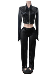 Snake Texture Zip Crop Top and Flared Pants Set