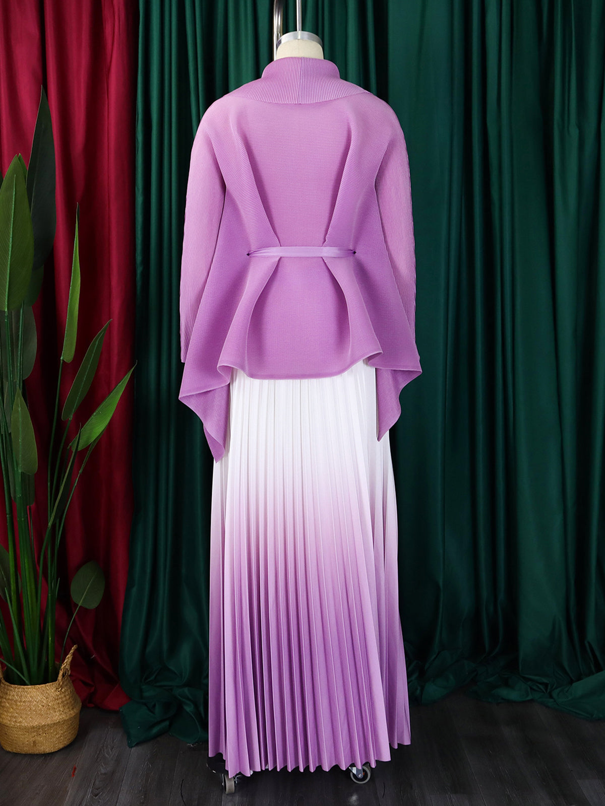 Elegant Lace-up Top and High Waist Pleated Skirt Set
