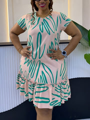 Round Neck Short Sleeve Print Ruffles Casual Midi Dress