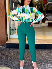 Elegant Print Long Sleeve Shirt And Pants Sets