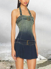 Denim Wash Halter Zipper Belt Gradient Sexy Trend Dress