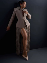 Fitted Blazer and Fringe Maxi Skirt Set-boutique