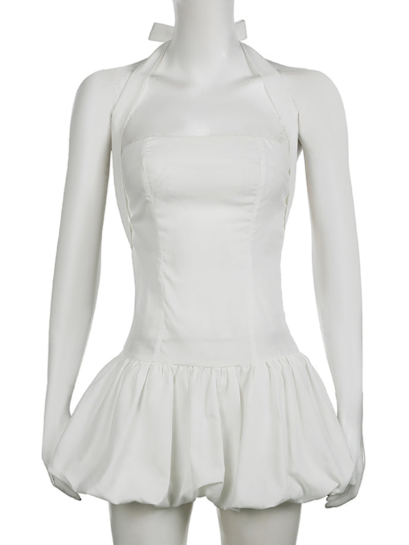 Halter-Neck Sleeveless Plain Slim-Fit Mini Bubble Dress