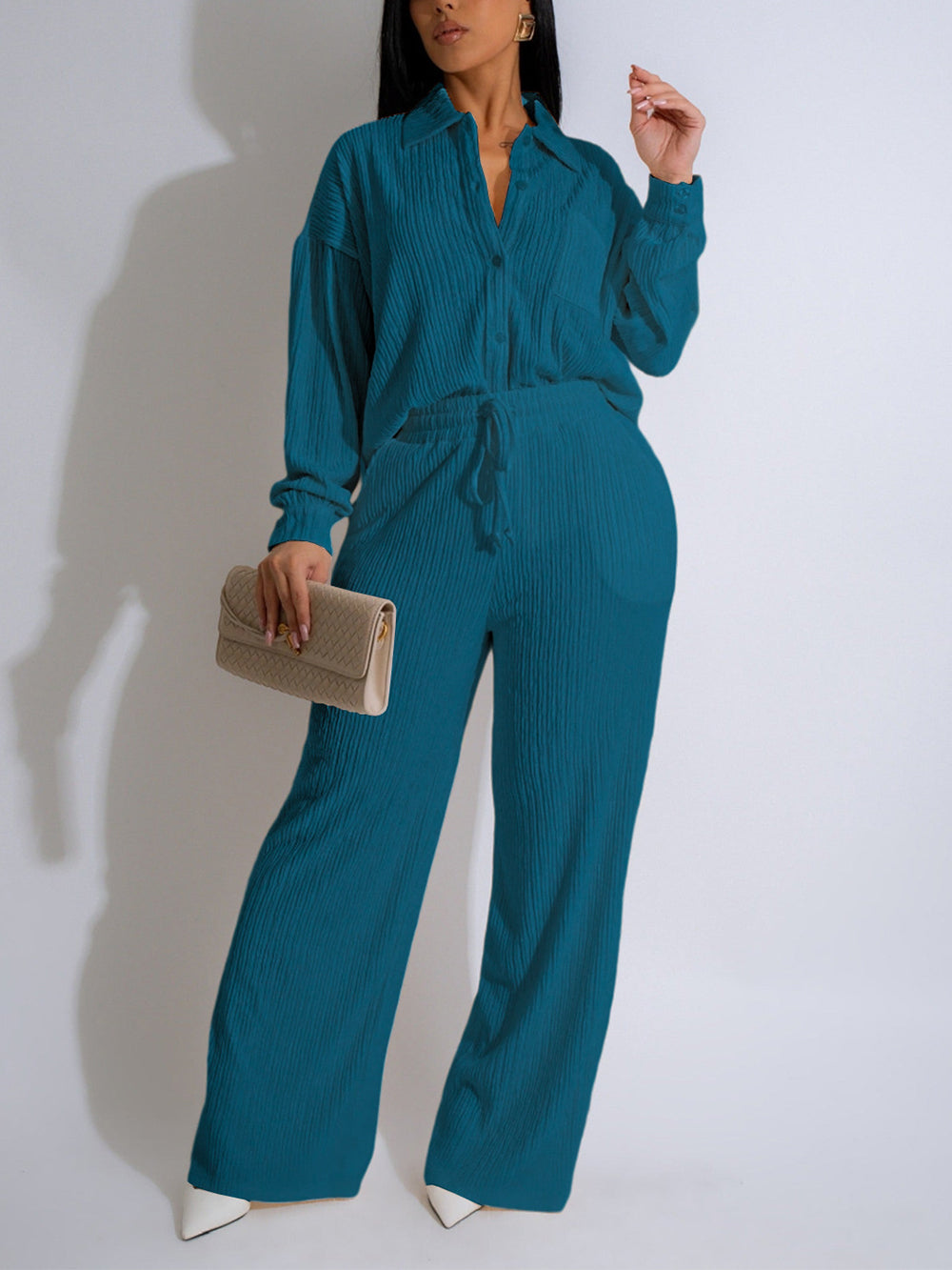 Button Front Lettuce Trim Shirt Wide Leg Pants Sets