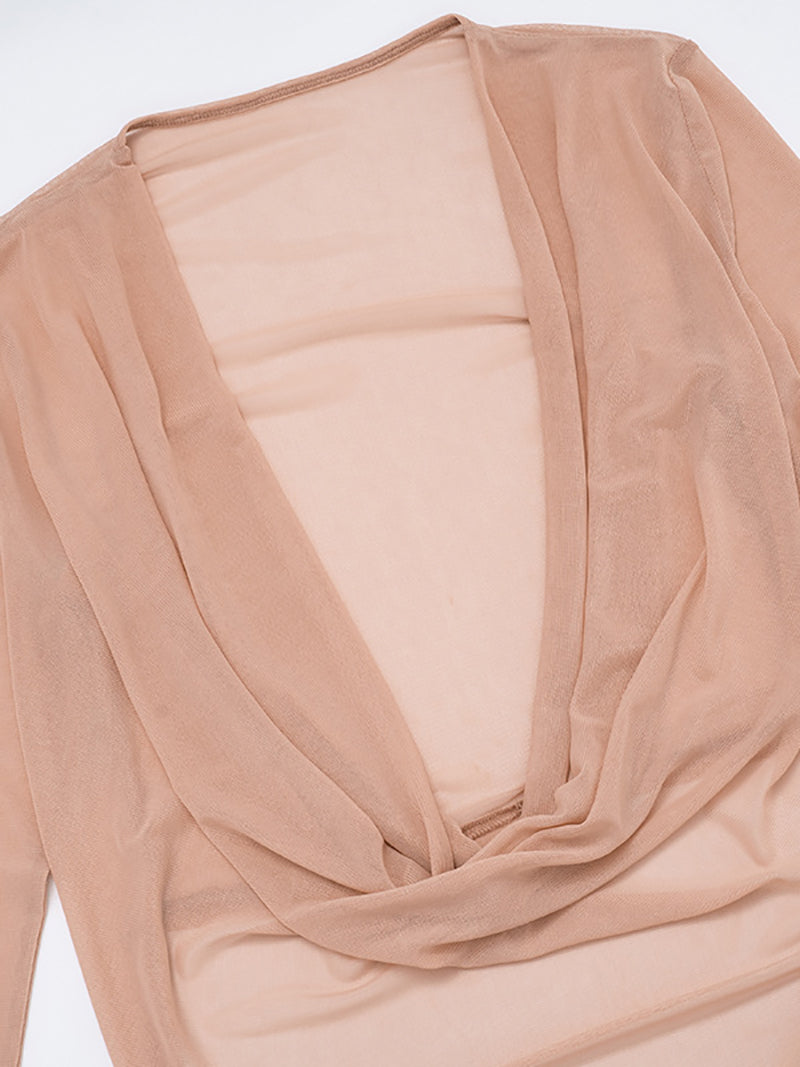 Fashion Cowl Neck Mesh Sheer Top And Pant Sets