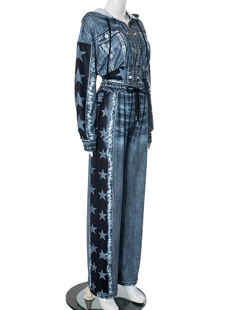 Casual Denim Print Stretch Waist Pants set