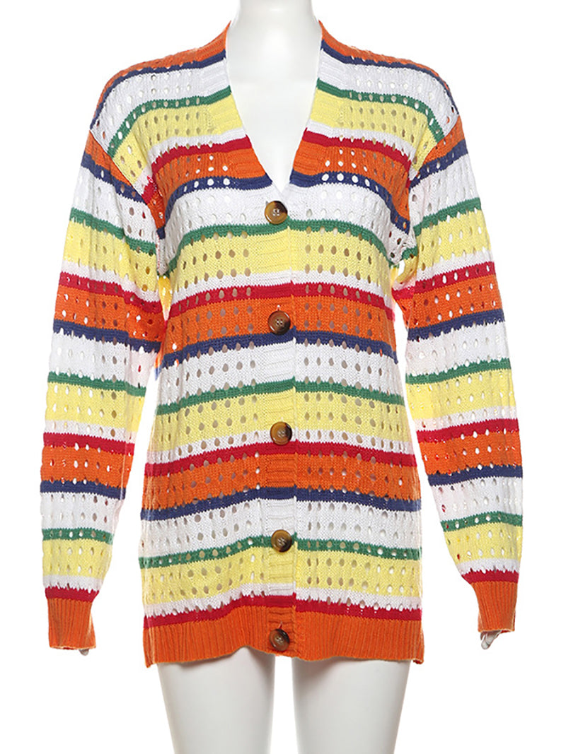 Colorblock Striped Loose V Neck Cardigan