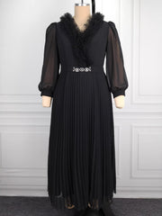 Elegant V Neck Chiffon Long Sleeve Pleated Dress