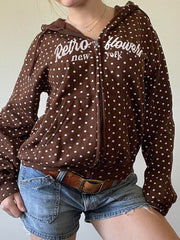 Fashion Polka Dot Letter Print Loose Zip Hoodie
