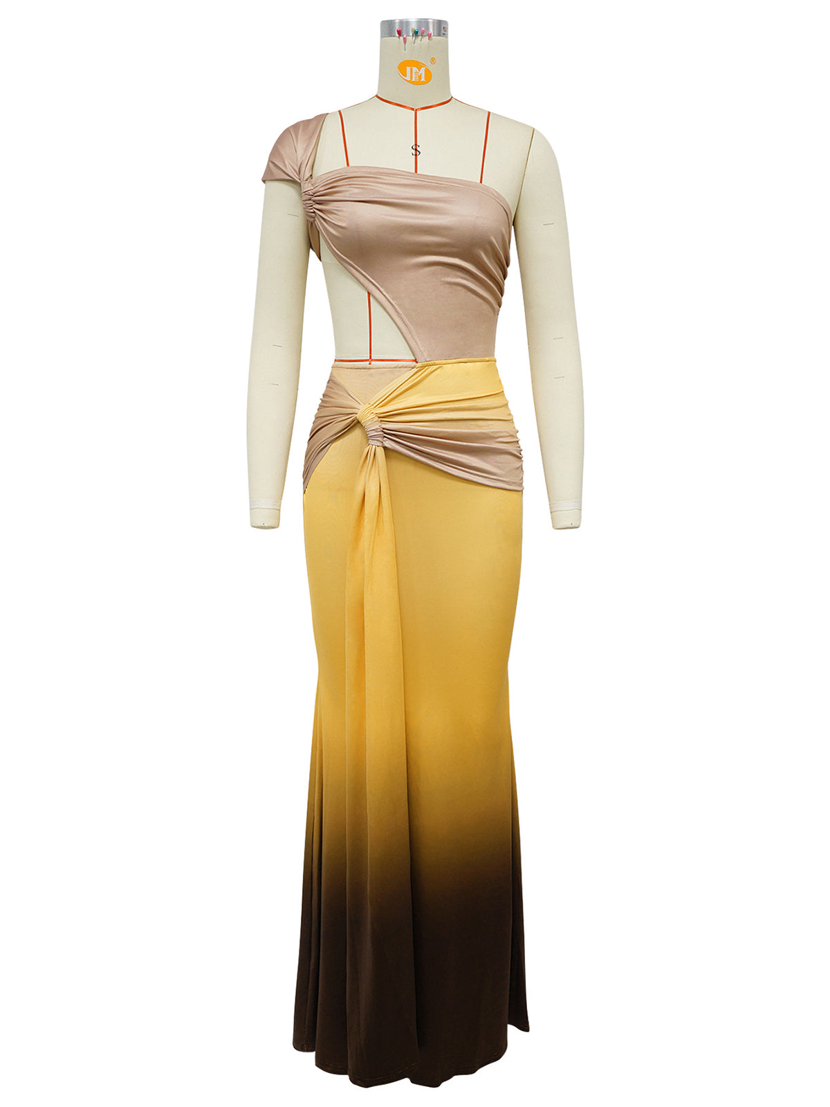 Gradient Color Cut Out Ruched Asymmetrical Maxi Dress
