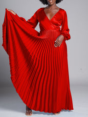 Fashion V-neck Long Sleeve Pleated Dress