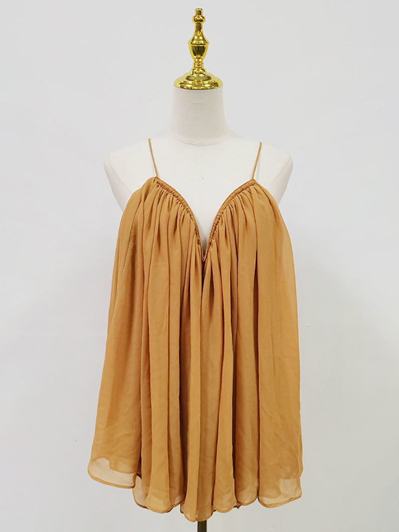 Sexy Chiffon Deep V Sleeveless Pleated Mini Dress