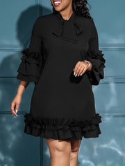 Plus Size Solid Tie Neck Ruffle Trim Dress