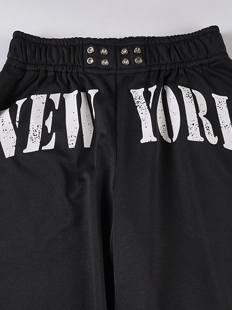Letter Print Hoodie Elastic Waist Straight Pants Set