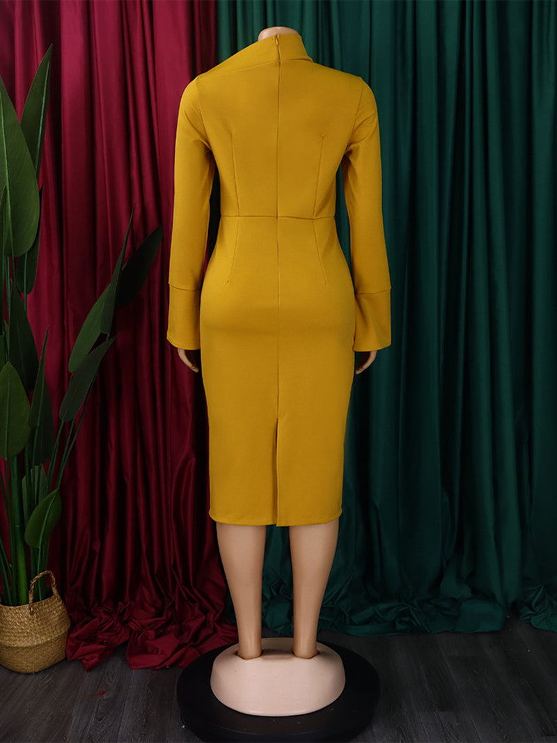 Fashion Oblique Collar Solid Bodycon Midi Dress