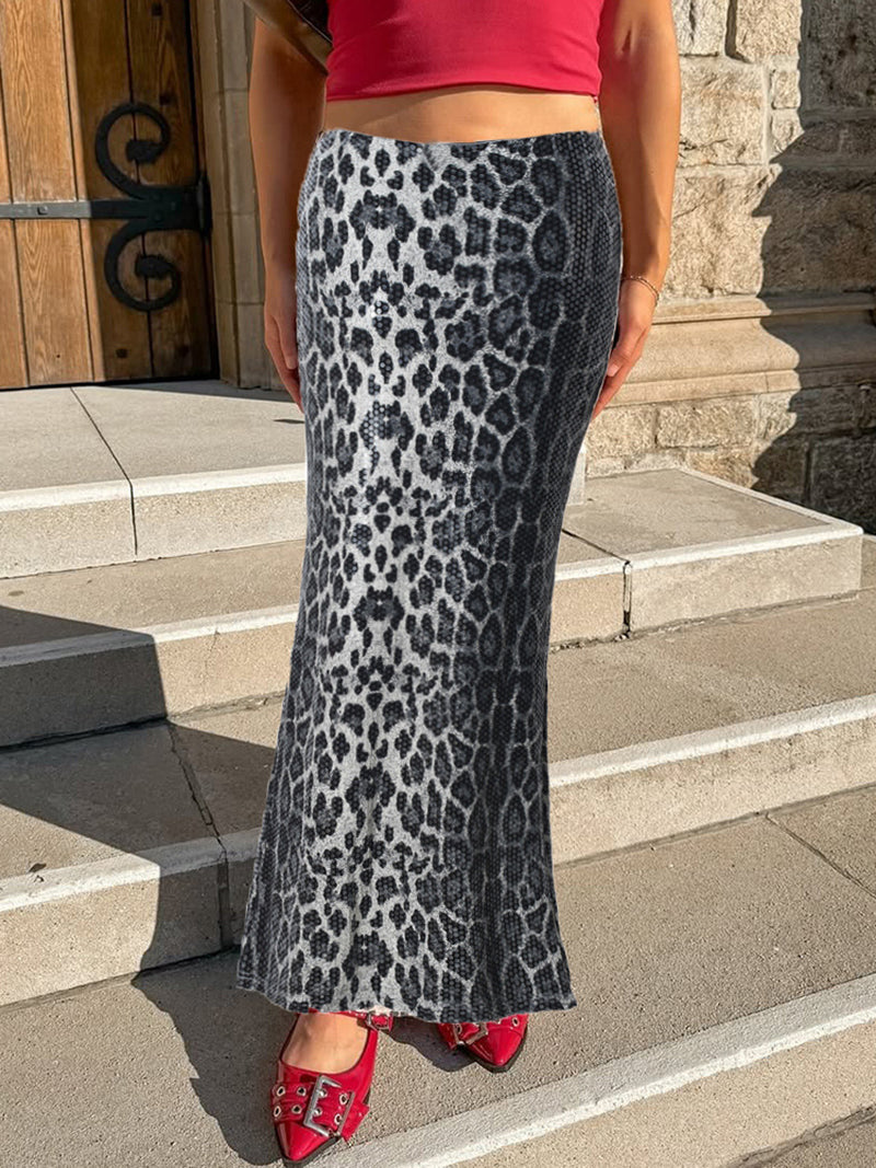 Sexy Leopard Print Sequin Maxi Skirt