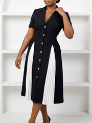 Casual Single Breasted Patchwork Pleated Dress