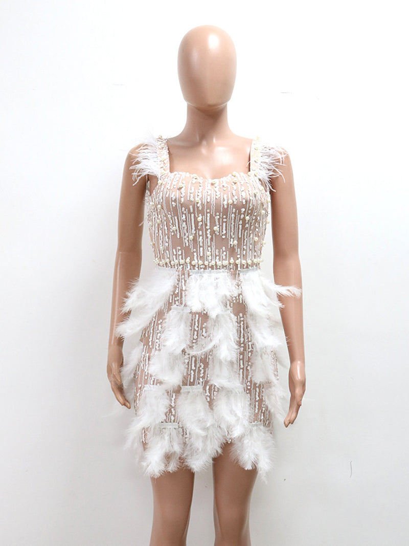 Sexy V Neck Pearl Beading Feather Club Mini Dress