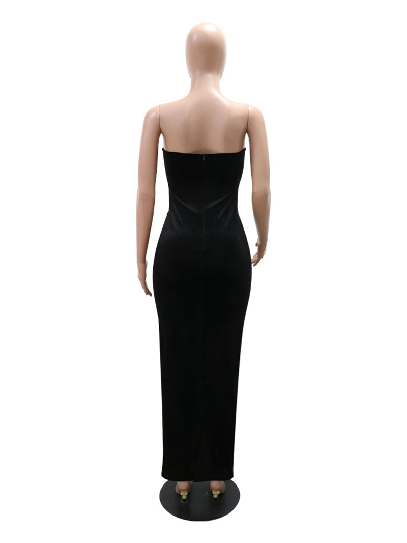 Sexy Velvet Rhinestone Bodycon Strapless Maxi Dress