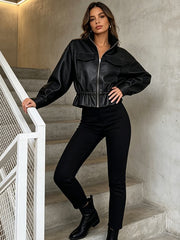Stand Collar Faux Leather Moto Jacket -botique