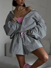 Loose Jacket Coat And Shorts Two Piece Set