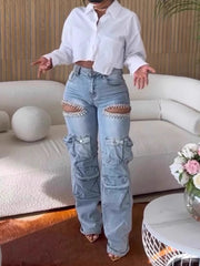 Rhinestone Hollow Out Cargo Jeans