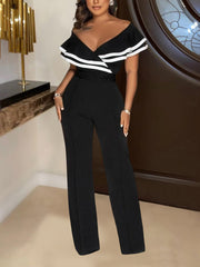 Elegant Off Shoulder Trim Ruffle Bust Wide Leg Jumpsuit