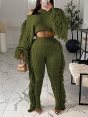 Fashion Knit Tassels High Waist Trousers Sets