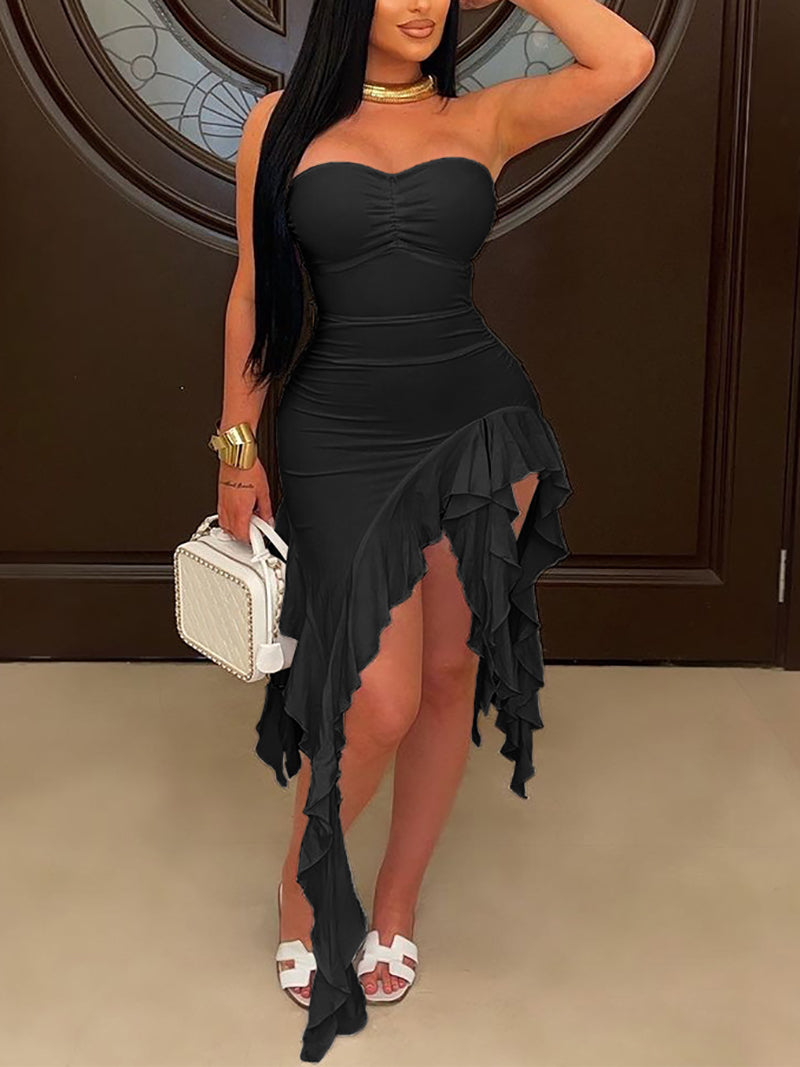 Sexy Strapless Ruffles Bodycon Midi Dress
