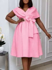 Elegant V Neck Lace-up Cocktail Party Midi Dress