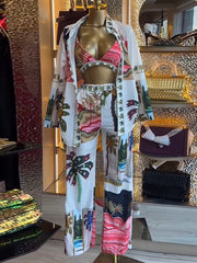 Print Bra Blouse and Elastic Pants Three Piece Sets