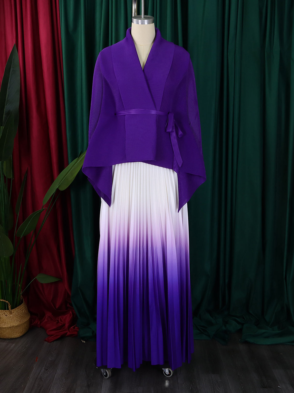 Elegant Lace-up Top and High Waist Pleated Skirt Set