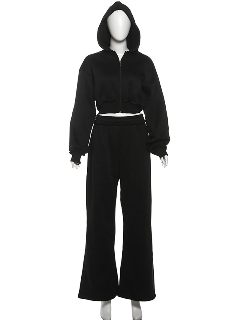 Cropped Hooded Sweatshirt Wide Leg Pant Tracksuit Set