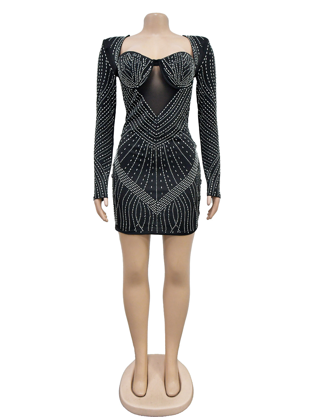 Sexy Rhinestone Mesh See Through Bodycon Mini Dress
