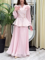 Boutique Lapel Full Sleeves Slim Top And Mesh Skirt Sets