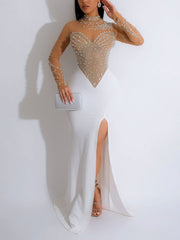 Sexy See through Rhinestone Slim High Slit Dress