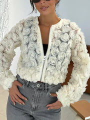 Casual Patchwork Zipper Flower Shape Zipper Collar Coat