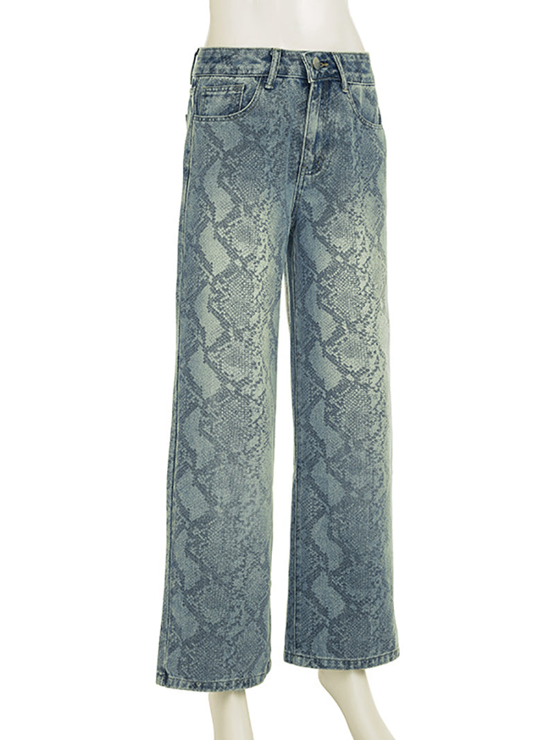 Fashion Snake Print Straight Leg Casual Jeans