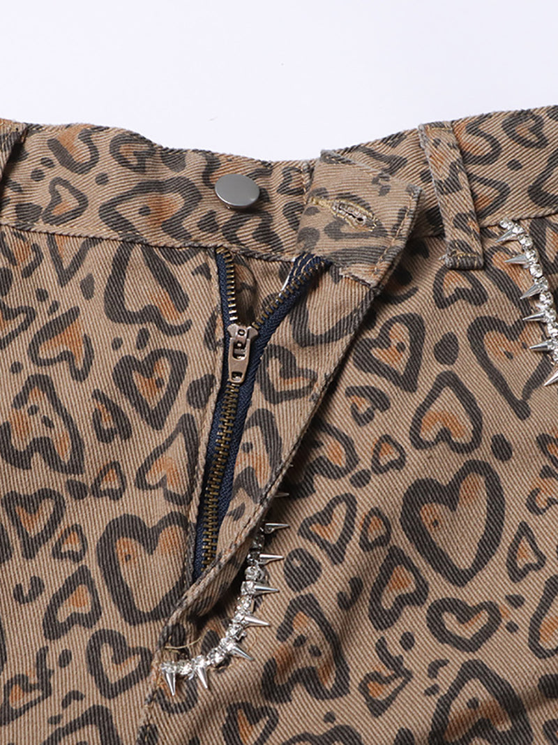 Fashion Rhinestone Leopard Print Jeans