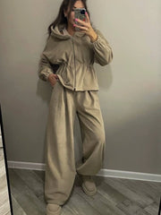 Ruched Waist Velvet Zip Hoodie and Pants Set