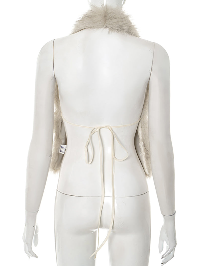 Sexy Backless Lace-up Faux Fur Fuzzy Halter Top