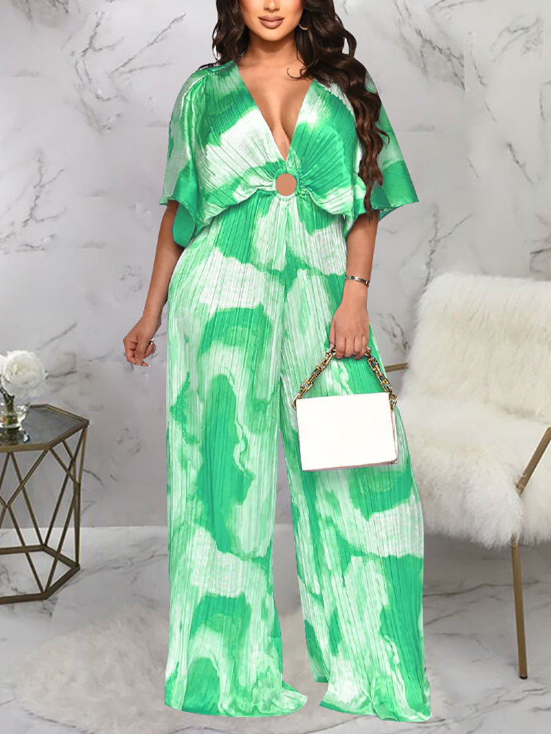 Sexy V Neck Print Pleat Jumpsuit