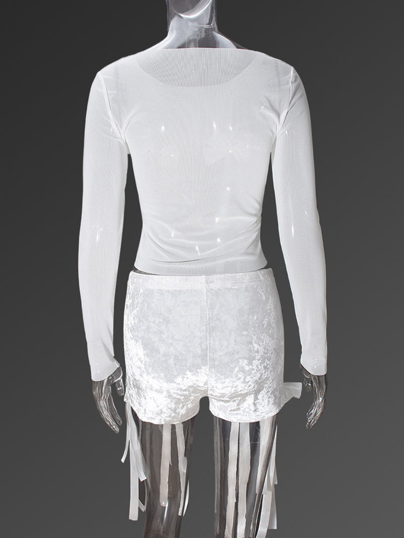 Sexy Bow Decor Lace See-through Top Shorts Sets