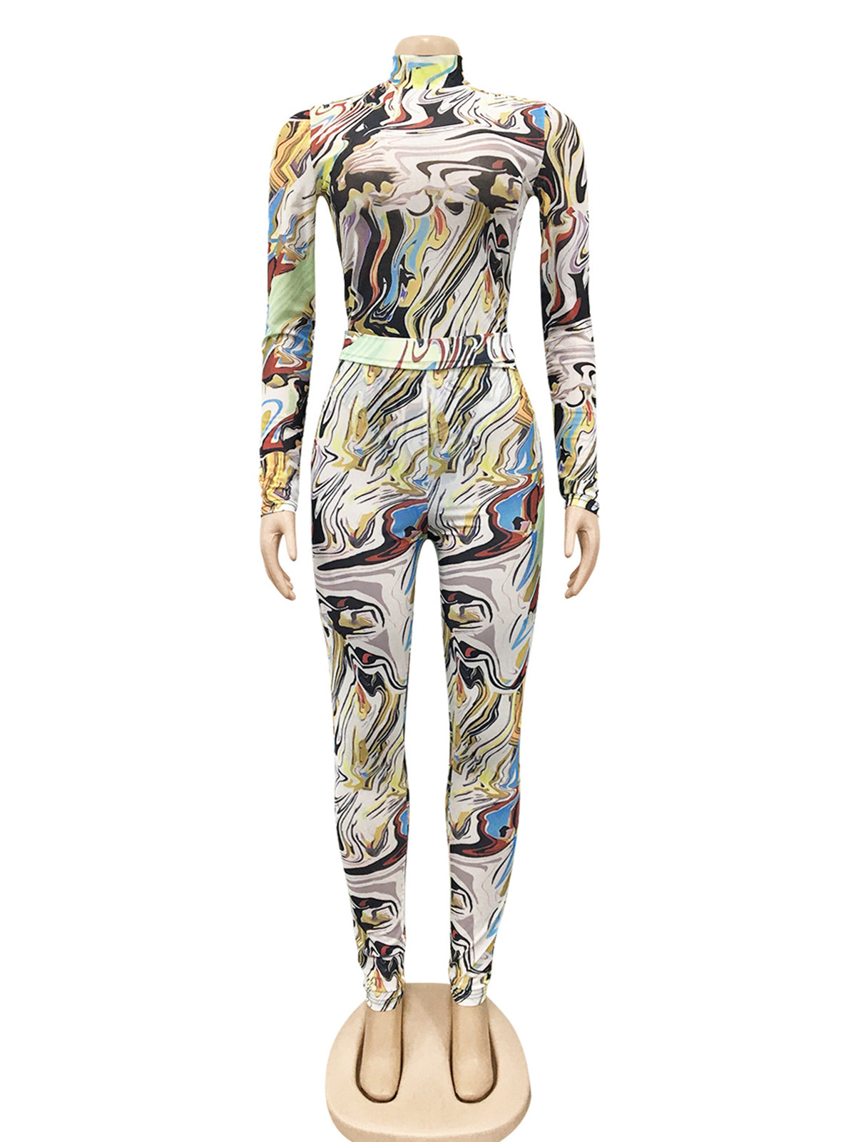 Casual Print Bodysuit Sheer Mesh Tight Pants Sets