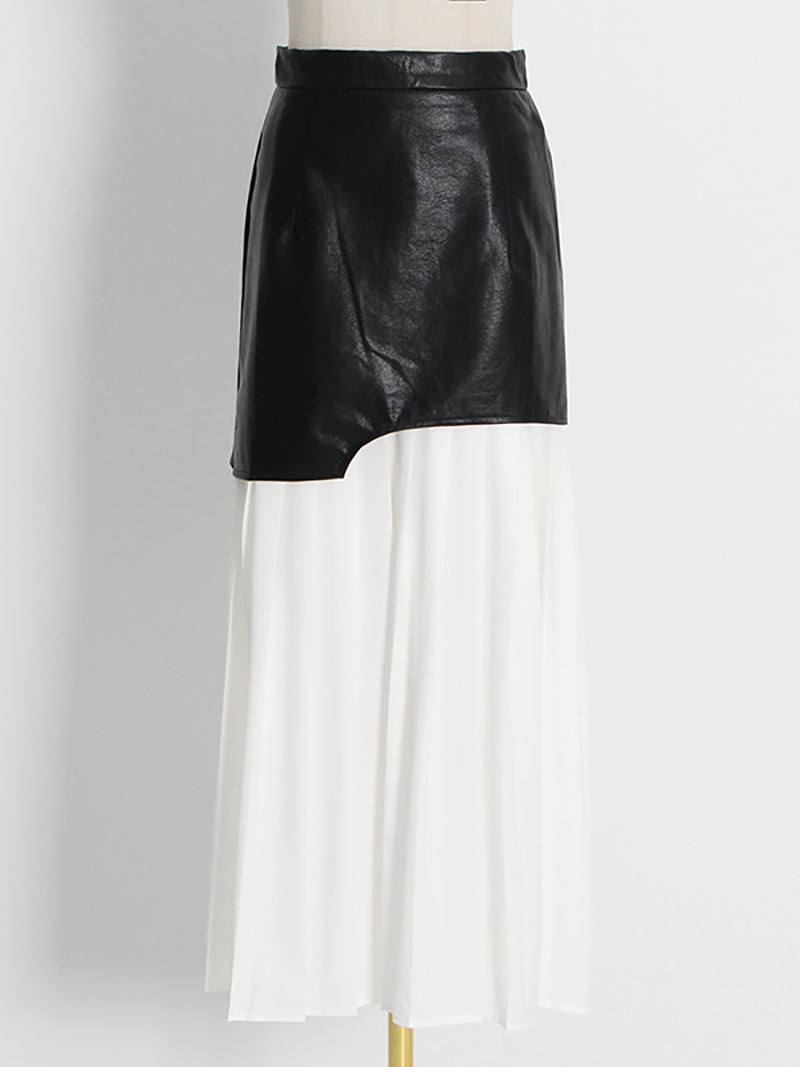 High Waist Pu Leather Patchwork Mesh Pleated Skirt