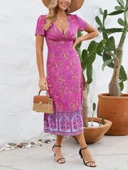 Casual V-neck Print Short Sleeve Slim Midi Dress